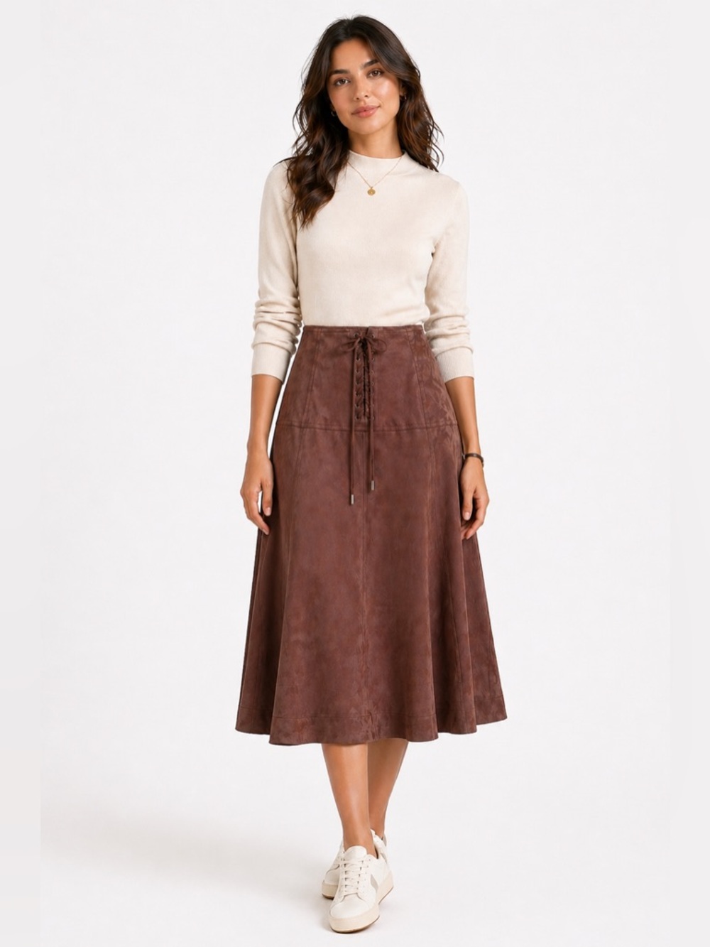 Jacquie The Label Brown Faux Suede Lace-Up A-Line Midi Skirt Size S